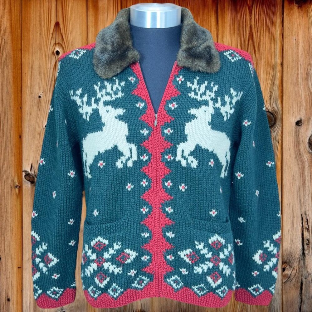 VTG  Ralph Lauren Hand Knit Wool Cardigan Sweater Fur Collar Reindeer size P/M
